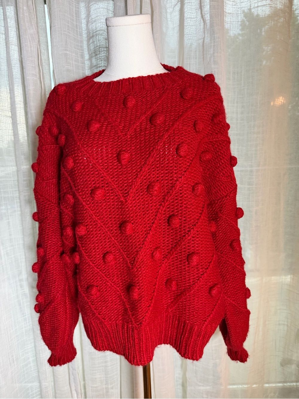 Red Pom-Pom Cable Crewneck Sweater - Women